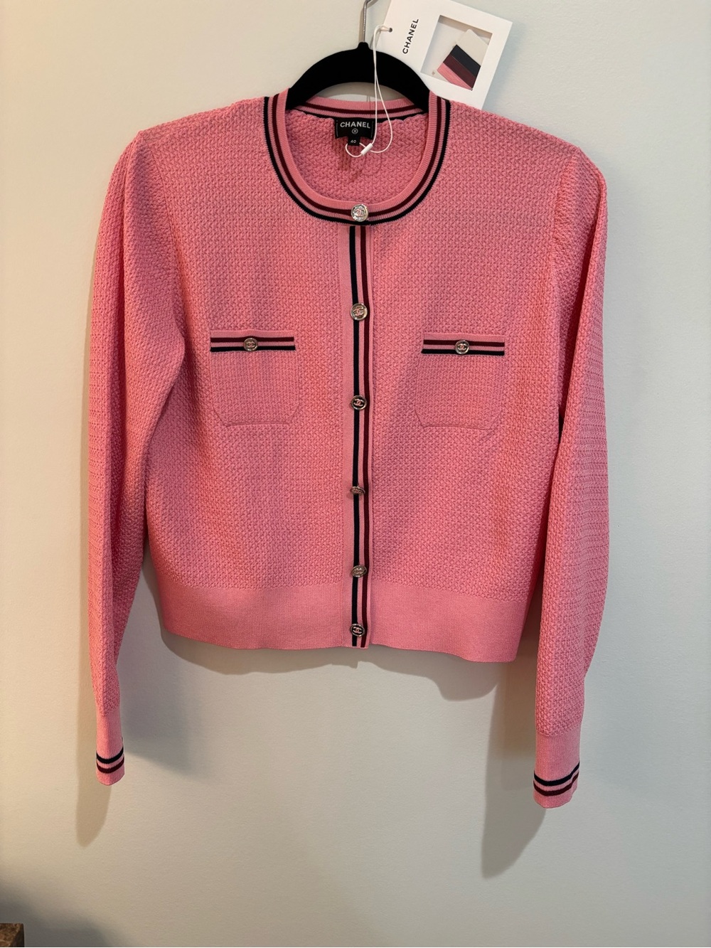 CHANEL Pink Knit Trimmed Button Cardigan Jacket